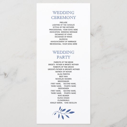 Indigo blauw blad patroon bruiloft programma (Achterkant)