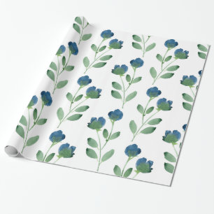 Indigo Blauw en Groen Waterverf Bloemenpatroon Cadeaupapier