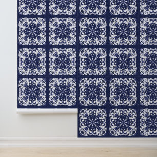 Indigo Blauw en Wit Mediterraan Tegel Patroon Behang