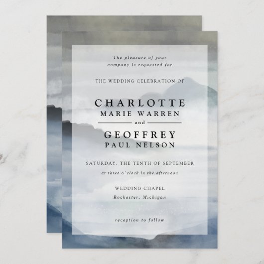 Indigo blauw waterverf mistige landschap bruiloft kaart (Voorkant / Achterkant)