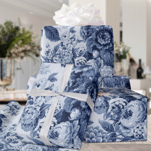 Indigo Blauw & Witte Vintage Bloemen Toile No. 3 Cadeaupapier