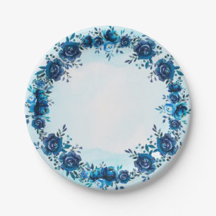 Indigo Blauwe Aquarel Oude Bloemen Bloemmotief Papieren Bordje