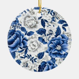 Indigo blauwe bloemen keramisch ornament