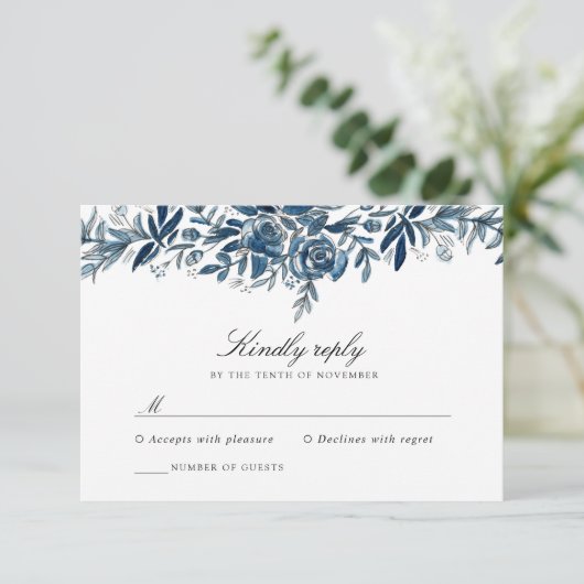 Indigo bloemen bruiloft reactie kaart (Staand voorkant)