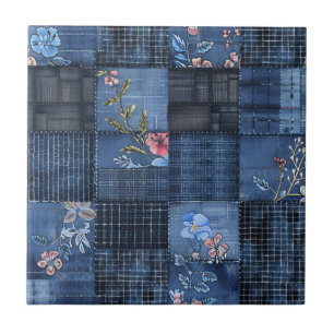 Indigo bloemenpatchwork patroon   Boho Denim Tegeltje
