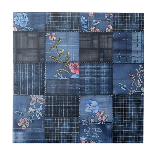 Indigo bloemenpatchwork patroon | Boho Denim Tegeltje (Voorkant)