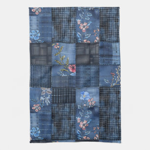 Indigo bloemenpatchwork patroon Boho Denim Theedoek