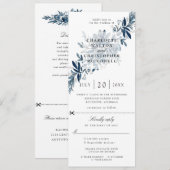 indigo bloemig huwelijksuitnodiging met aangehecht kaart (Voorkant / Achterkant)