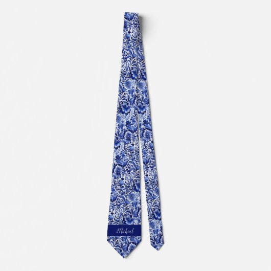 Indigo bloemmonogram stropdas (Voorkant)