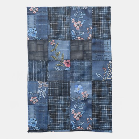 Indigo bloempatroon patchwork | Boho denim Theedoek (Verticaal)