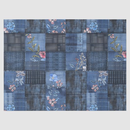 Indigo bloempatroon patchwork | Boho denim Tissuepapier (Voorkant)