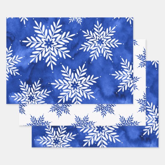 Indigo Blue Abstracte Waterverf Snowflakes Inpakpapier Vel (Set)