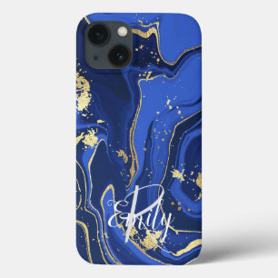 Indigo Blue Agate Marble Abstracte Name Monogram iPhone 13 Hoesje