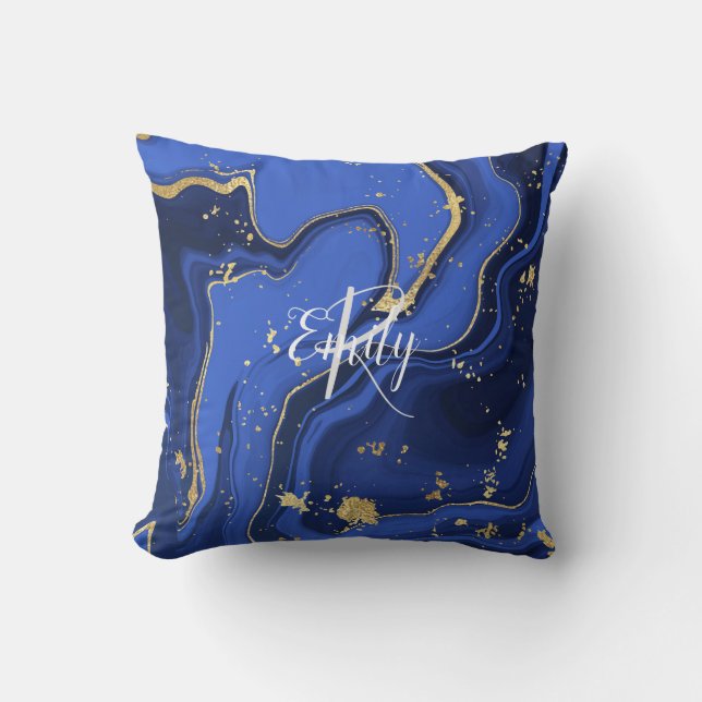 Indigo Blue Agate Marble Abstracte Name Monogram Kussen (Voorkant)