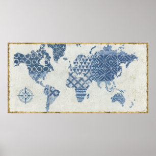 Indigo Blue Batik Map of the World Poster