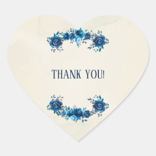 Indigo Blue & Beige Waterverf Flowers Wedding Hart Sticker