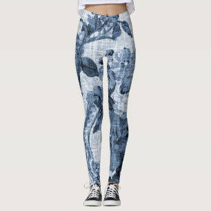 Indigo Blue Black & White  Floral Toile 4 Leggings
