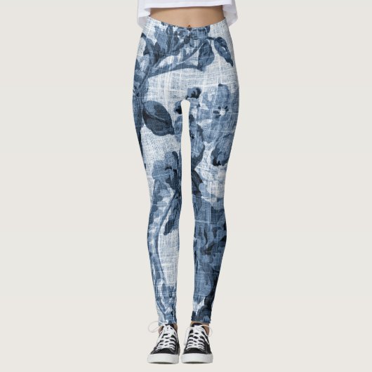 Indigo Blue Black & White Floral Toile 4 Leggings (Voorkant)