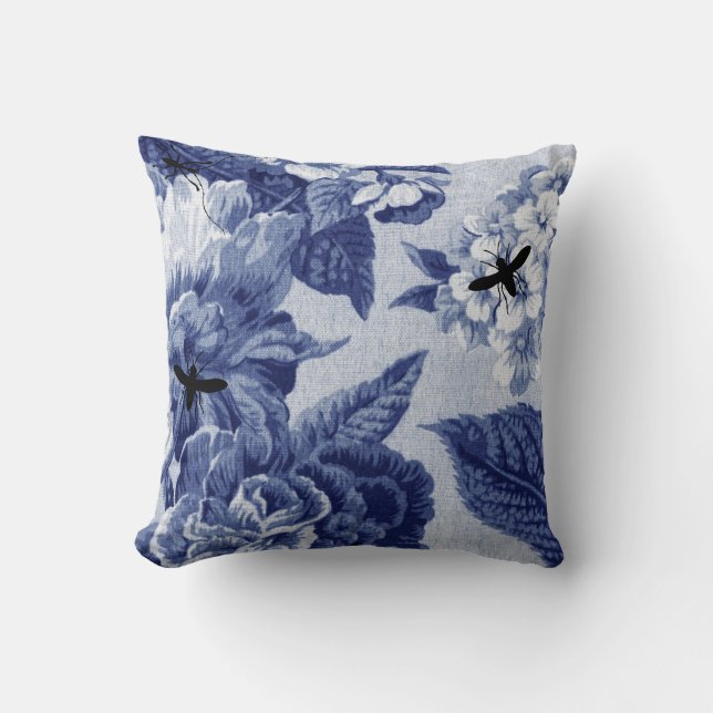 Indigo Blue  Botanical & Bugs Floral Toile Kussen (Voorkant)