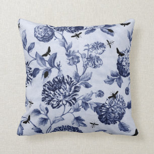 Indigo Blue  Botanical Bugs Floral Toile Kussen