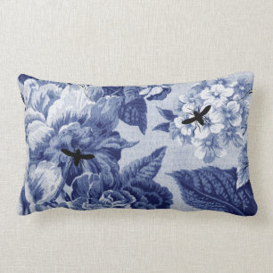 Indigo Blue Botanical & Bugs Floral Toile Kussen