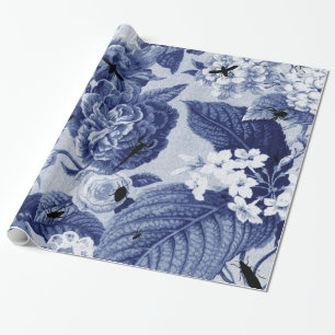 Indigo Blue  Botanical Floral Toile & bijen Cadeaupapier
