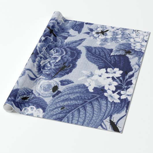 Indigo Blue Botanical Floral Toile & bijen Cadeaupapier (Uitgerold)