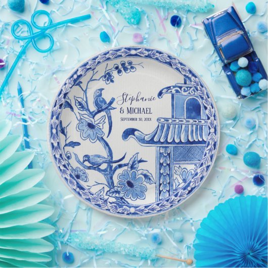 Indigo Blue Chinoiserie Bloemen Waterverf Papieren Bordje (Feest)