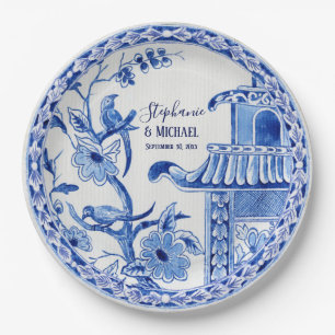 Indigo Blue Chinoiserie  Bloemen Waterverf Papieren Bordje