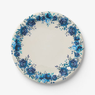 Indigo Blue en Beige Waterverf  bloemen Papieren Bordje