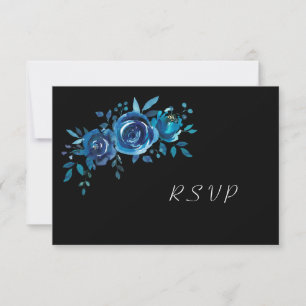 Indigo Blue en Black Floral Buffet Wedding RSVP Kaartje