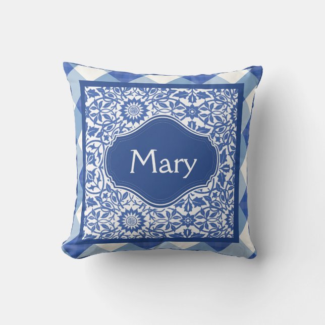 Indigo Blue en White Monogram Pillow Kussen (Voorkant)
