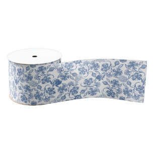 Indigo Blue Ethnic Floral Print Grosgrain Ribbon Lint