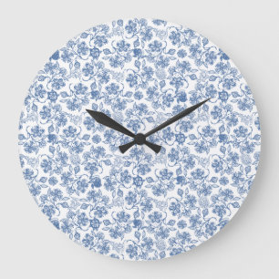 Indigo Blue Ethnic Floral Print Round Wall Horloge