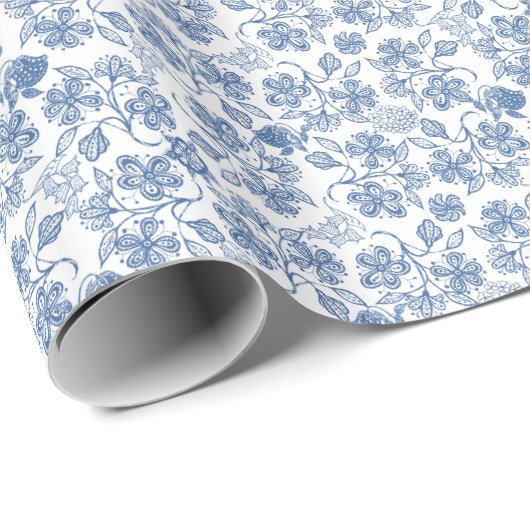 Indigo Blue Ethnic Floral Print Wrapping Paper Cadeaupapier (Rol Hoek)