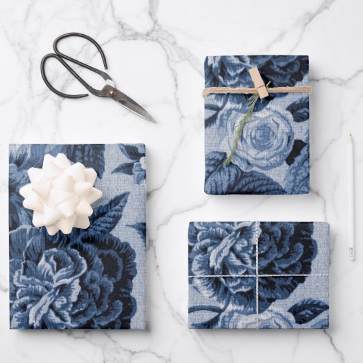 Indigo Blue  Floral Inpakpapier Vel (Voorkant)