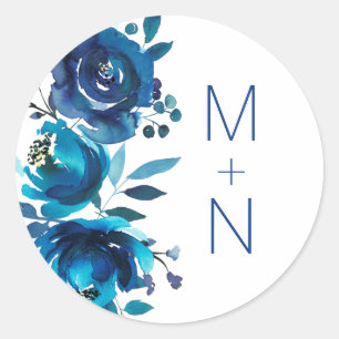 Indigo Blue Floral monogram bruiloft envelop seal Ronde Sticker