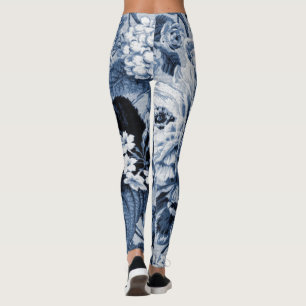 Indigo Blue  Floral Toile Fabric No.1 Leggings