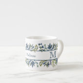 Indigo Blue Leaves Border Monogram Espresso Kop (Voorkant rechts)