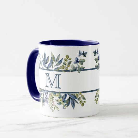 Indigo Blue Leaves Border Monogram Mok (Voorkant links)