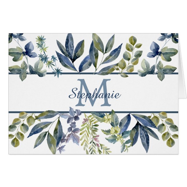 Indigo Blue Leaves Border Monogram Note Kaart (Voorkant Horizontaal)