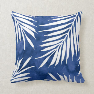 Indigo Blue Palm Leaves Waterverf Silhouette Kussen