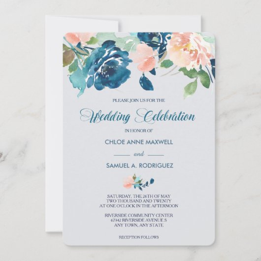 Indigo Blue Peach Rozen Border Weddenschap Kaart (Voorkant)