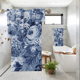 Indigo Blue Peony Dahlias Floral Toile Bad Handdoek