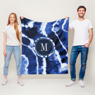 Indigo Blue Shibori Marble Agate Tie Dye Monogram Fleece Deken