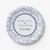 Indigo blue vertrekt patroon moderne bloembruiloft papieren bordje (Voorkant)