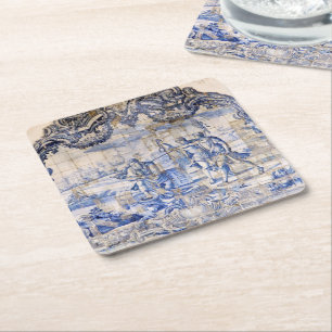 Indigo Blue Vintage Azulejo Antiek Shabby Chic Vierkante Kartonnen Onderzetter