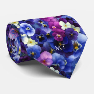 Indigo Blue Violet Paarse Pansies Waterverf Stropdas