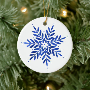 Indigo Blue Waterverf Abstracte Snowflake Keramisch Ornament