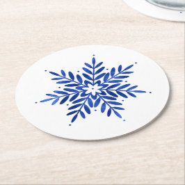 Indigo Blue Waterverf Abstracte Snowflake Ronde Kartonnen Onderzetter